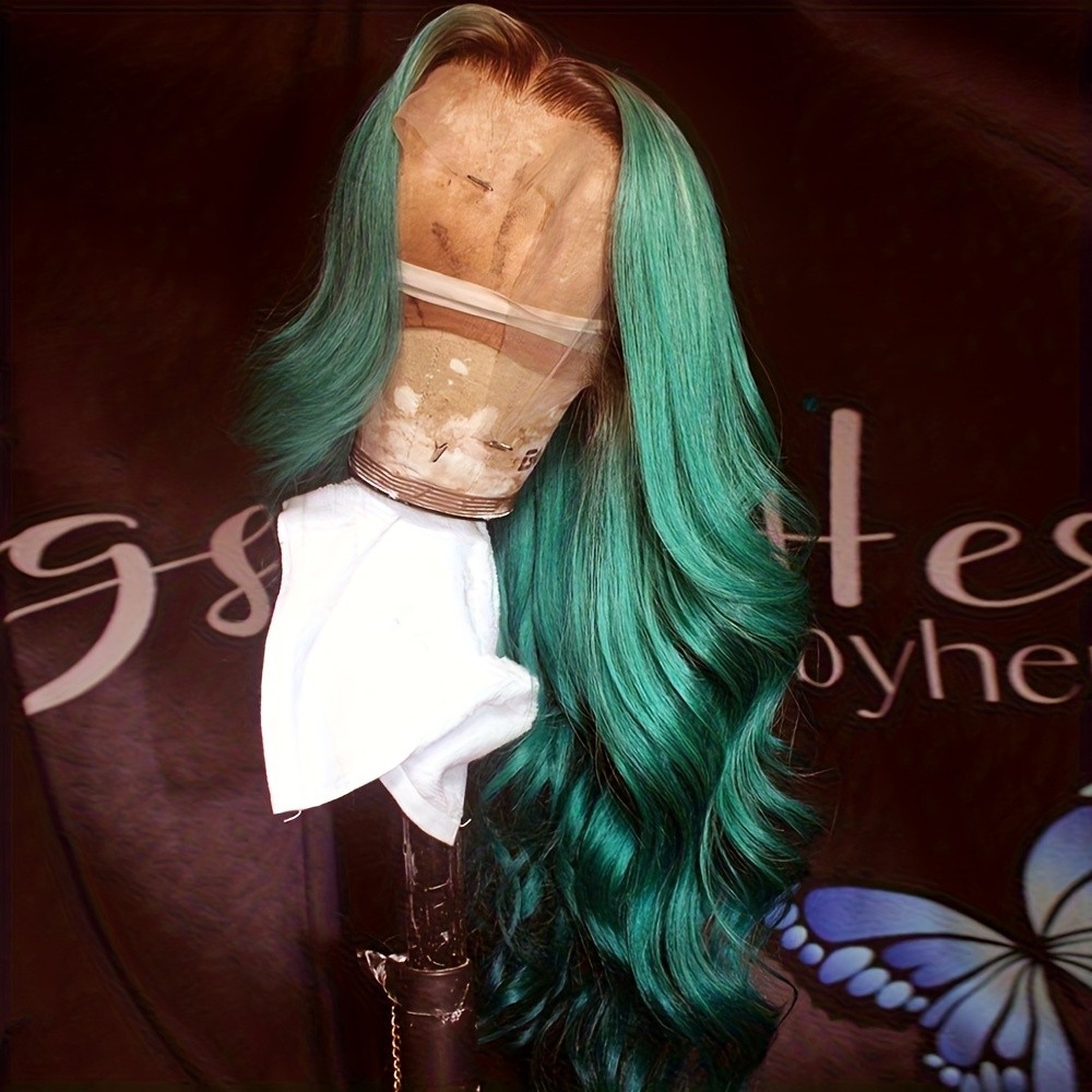 Dark Roots Ombre Green Color Wavy Synthetic Lace Front Wigs Pre Plucked Hairline