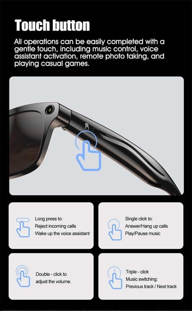 XK One Pro AI Smart Glasses HD Camera Bluetooth Touch Control LED Flashlight