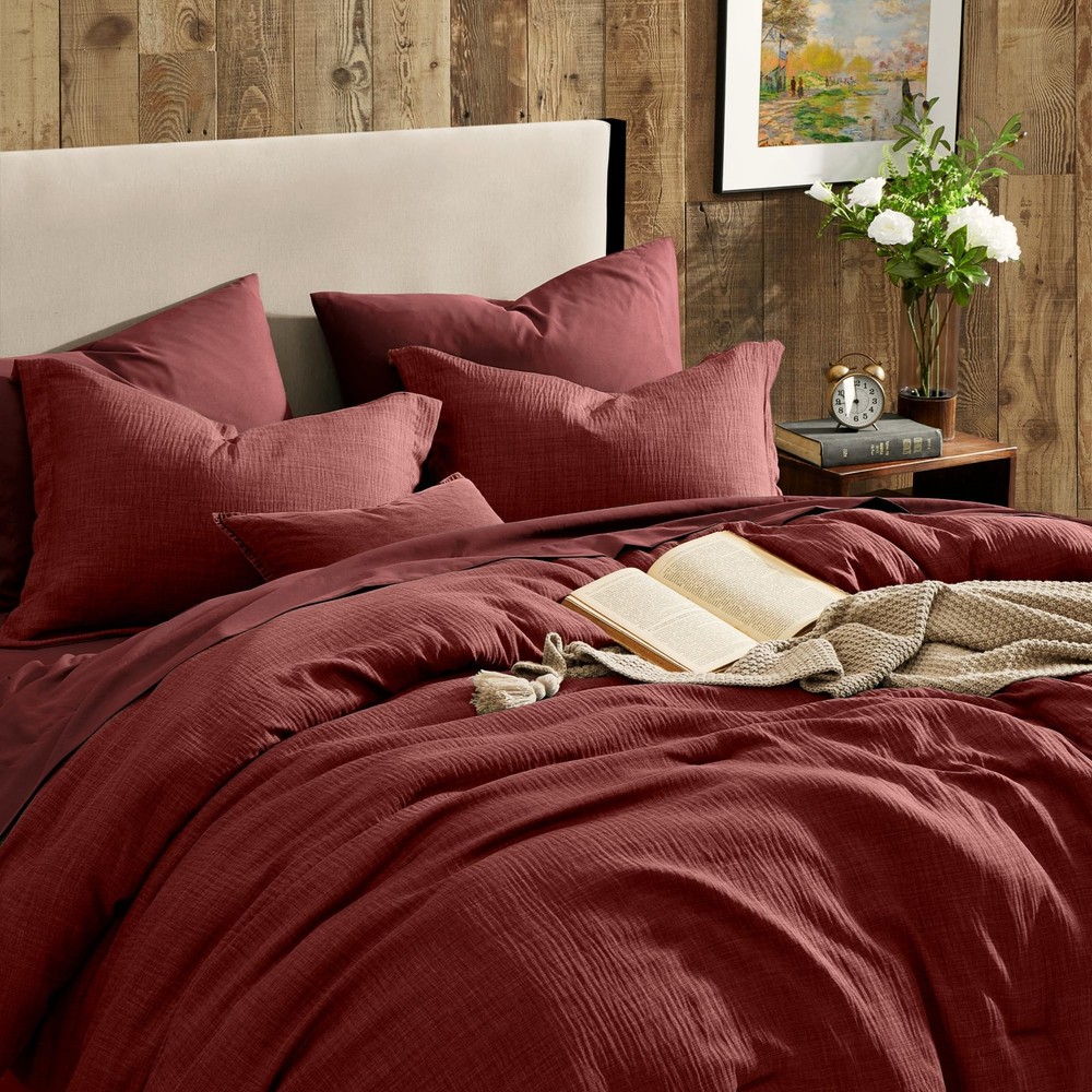 King Comforter Set - 7 Pieces Soft Solid Bedding, Dark Red Bed in a Bag
