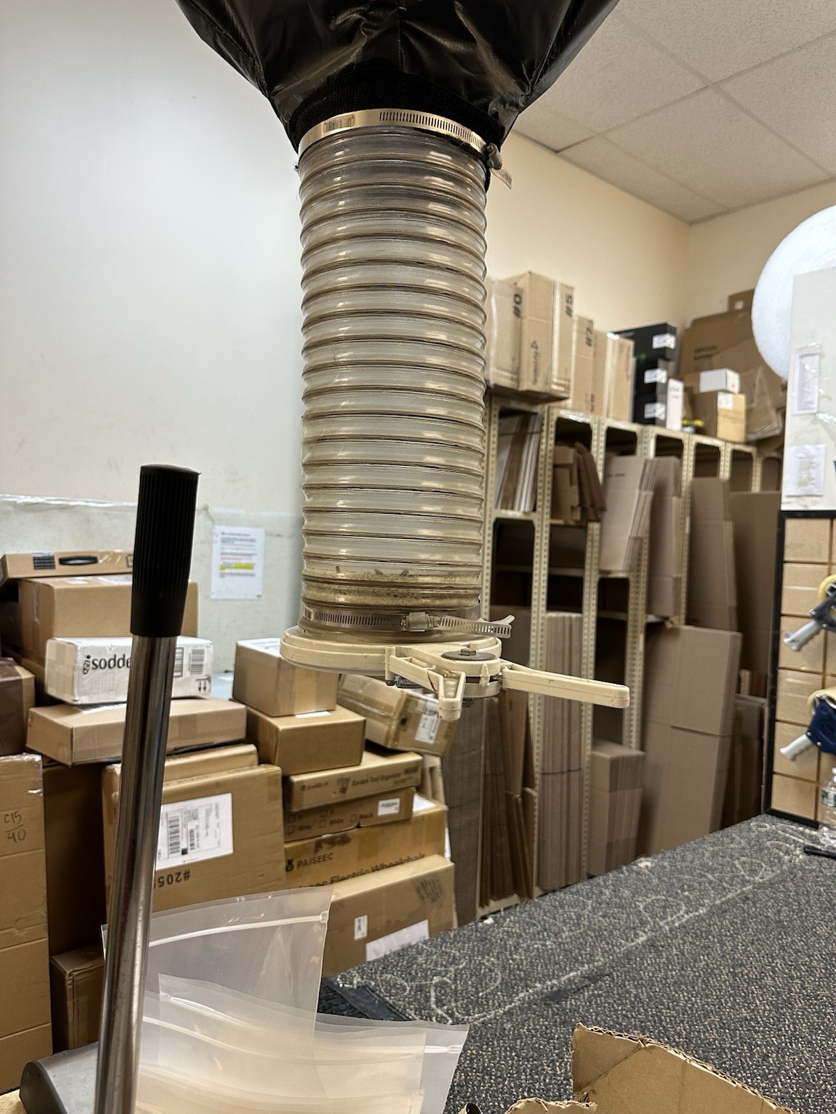 Packing Peanut Dispenser System with Hanging Hopper and Flexible Tube