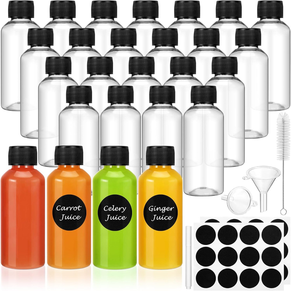 16 Pack 2 oz Shot Bottles with Caps, Mini Reusable Plastic clear