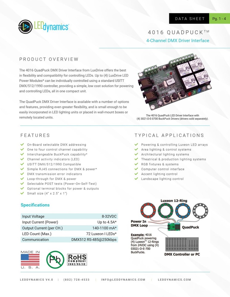 DMX Decoder/Driver QuadPuck 4016 – Four Channel DMX Interface