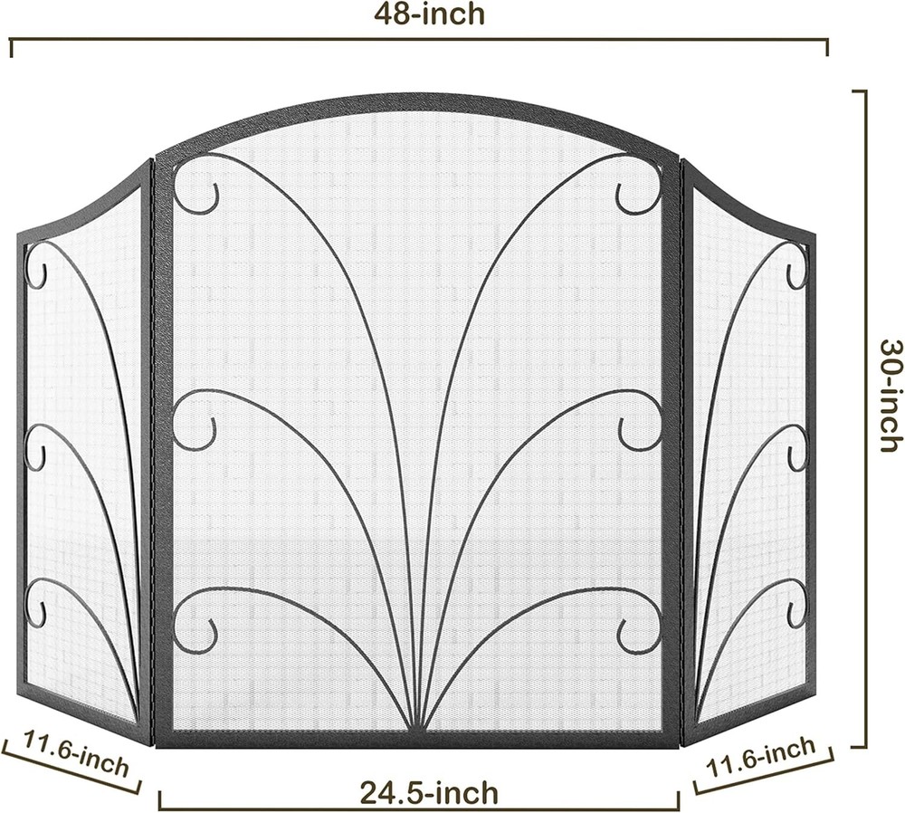 3-Panel Arched Fireplace Screen Decorative Handcrafted Scroll Wrought Iron