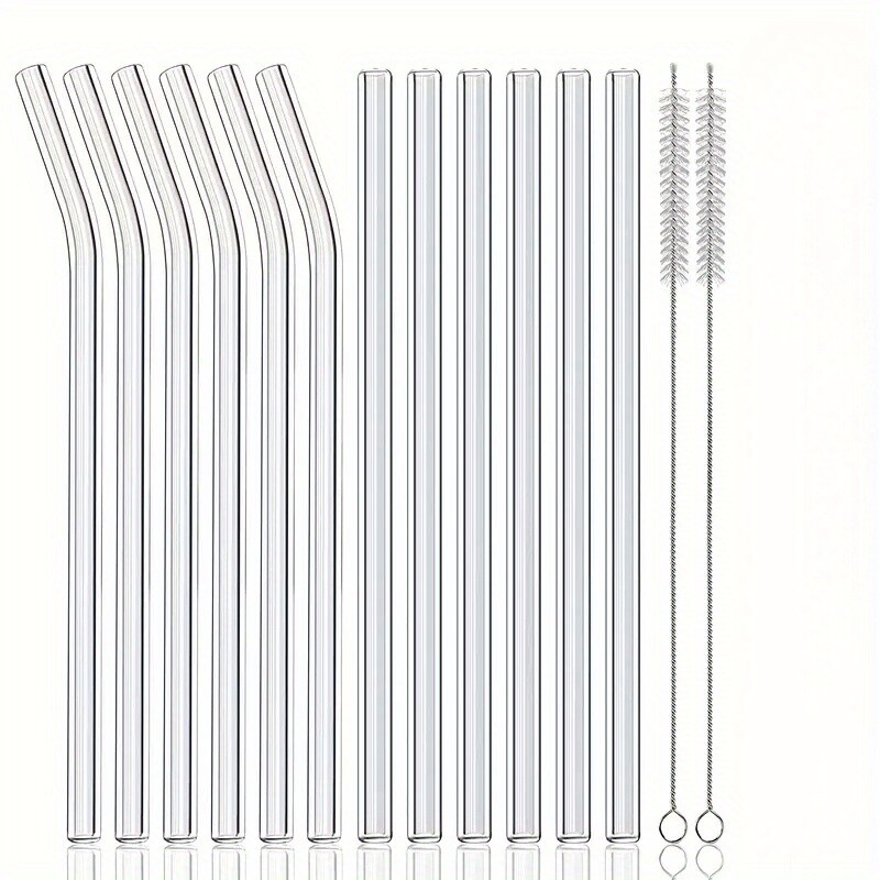 12 Pcs Reusable Glass Drinking Straws 6 Straight & 6 Bent 8x8mm with 2 Brushes