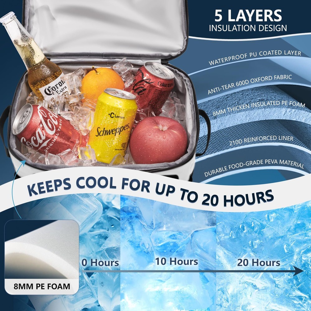 Large Backpack Cooler White 36 Can Cooler Backpack with 2 Insulated Compartme...
