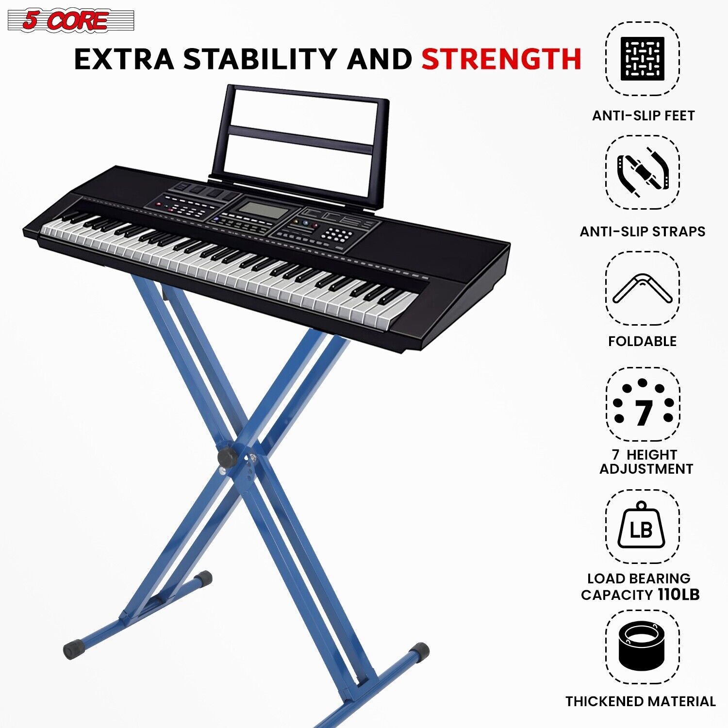 5Core Keyboard Stand Double X Style Adjustable Lift Piano Riser For 49 - 88 Keys