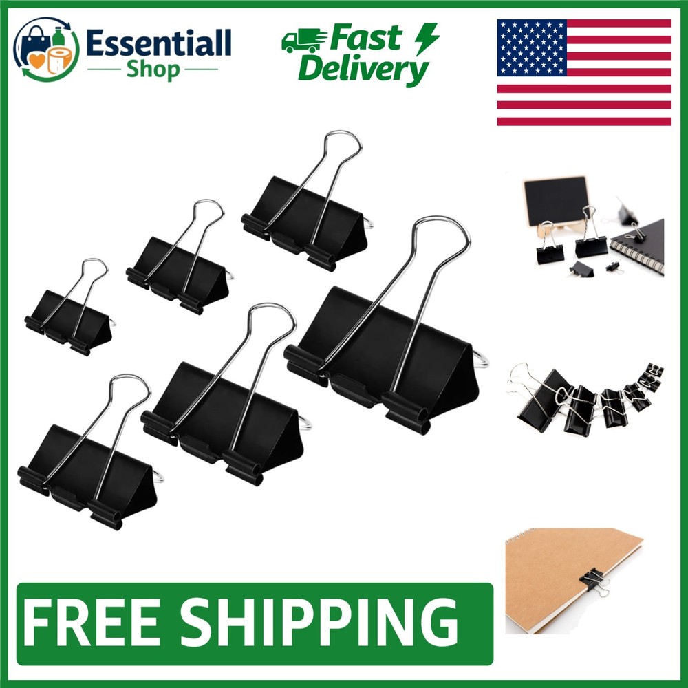 Versatile Black Binder Clips - 100 Count Assorted Sizes for Home & Office