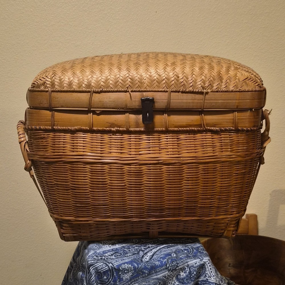 Bamboo Rectangular Lidded Basket with Handle, Brown, Handmade, Indoor Use