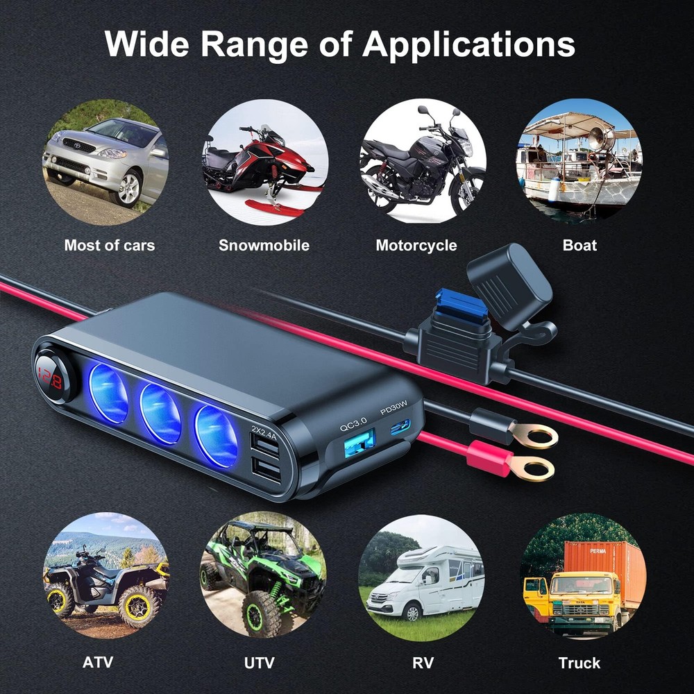 EUGIZMO 12V Cigarette Lighter Socket Splitter, 200W 3 Multi Port Black