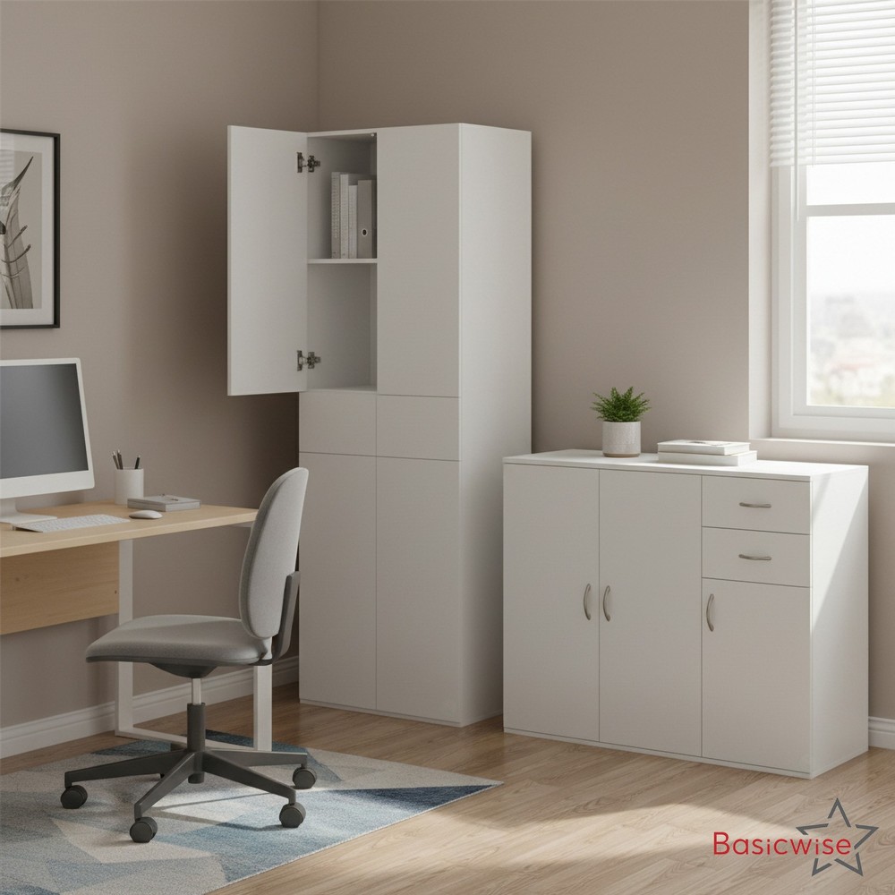 Basicwise Set of Buffet Table with Drawers Plus Cabinet with Compartments, White