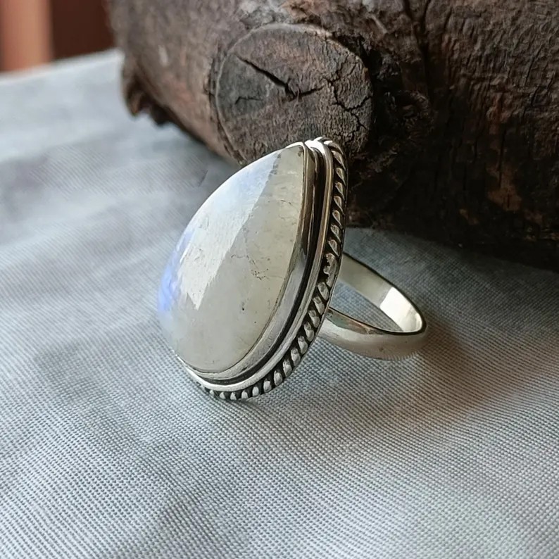 Solid 925 Sterling Silver Pear Cut Blue Flash Rainbow Moonstone Handmade Ring