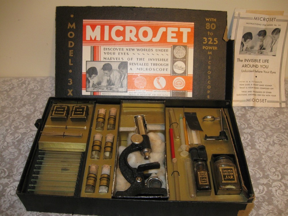 Vintage Microset Model 3X Microscope Set, 80-325 Power Microscope, Circa 1930's
