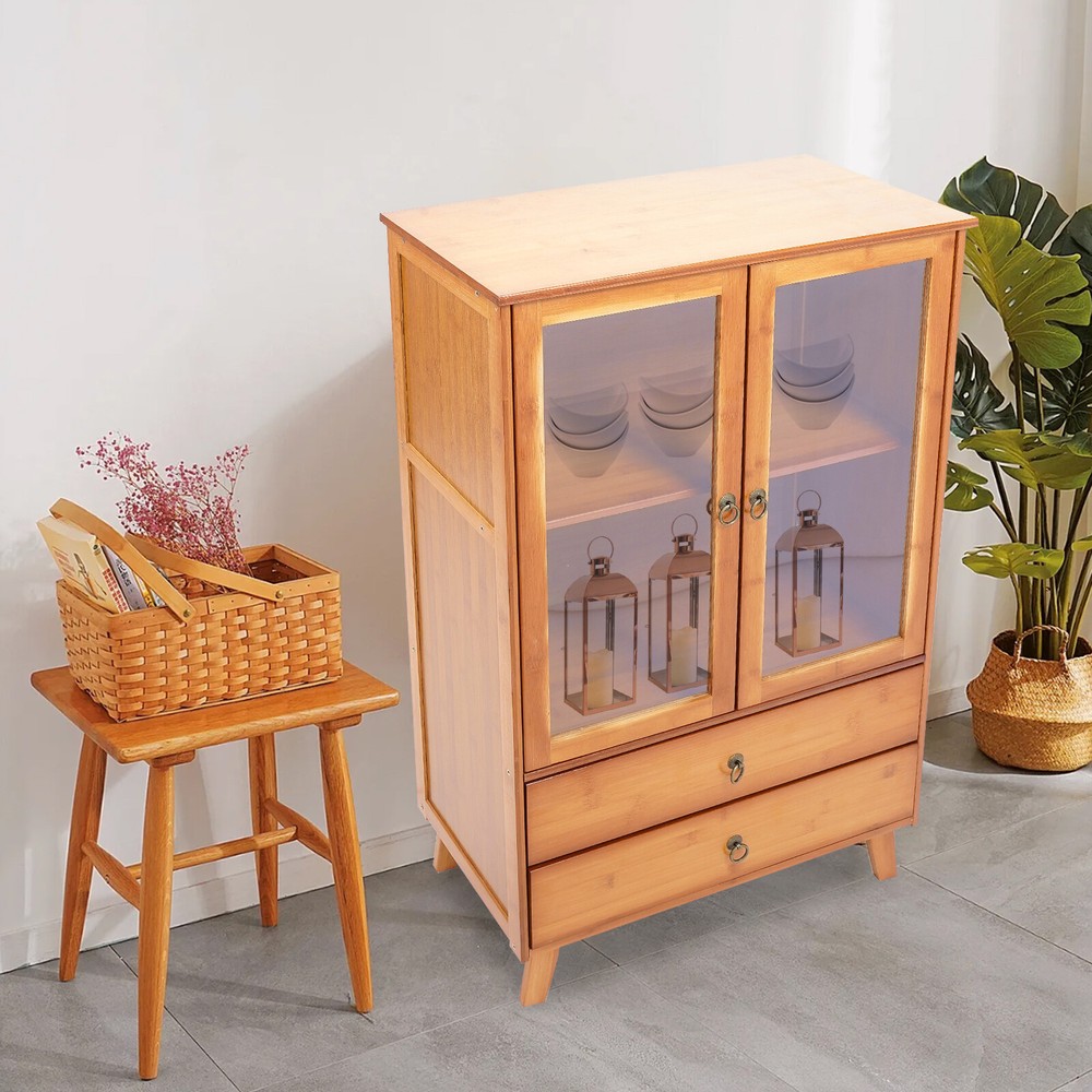 2-Compartments Bamboo Kitchen Sideboard Storage Organizer Cupboard Freestanding