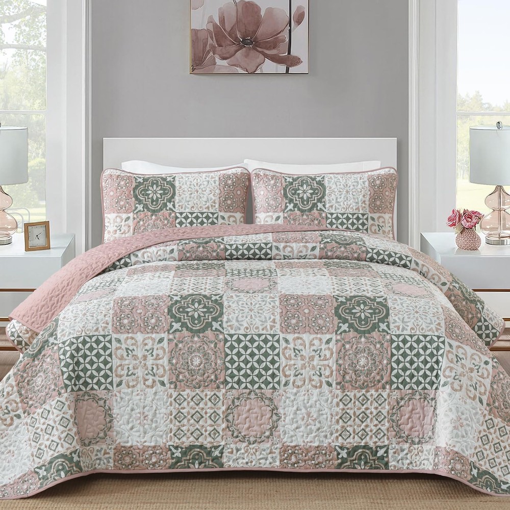 Dobuyly Blush Quilt Set Queen Size, Boho Patchwork Plaid Queen, Pink