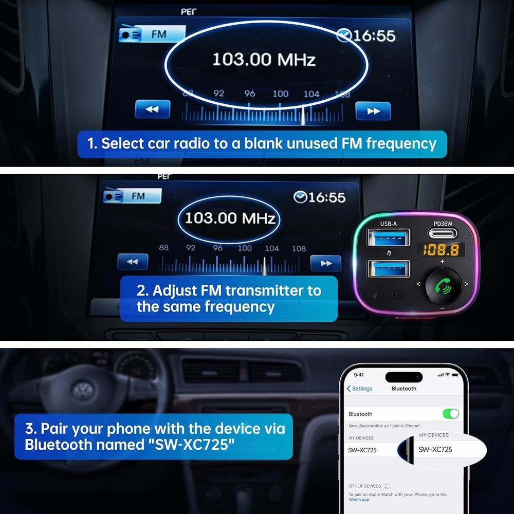 Bluetooth 5.4 FM Transmitter Car Adapter 48W PD 36W & 12W [Light Switch] [HiF...