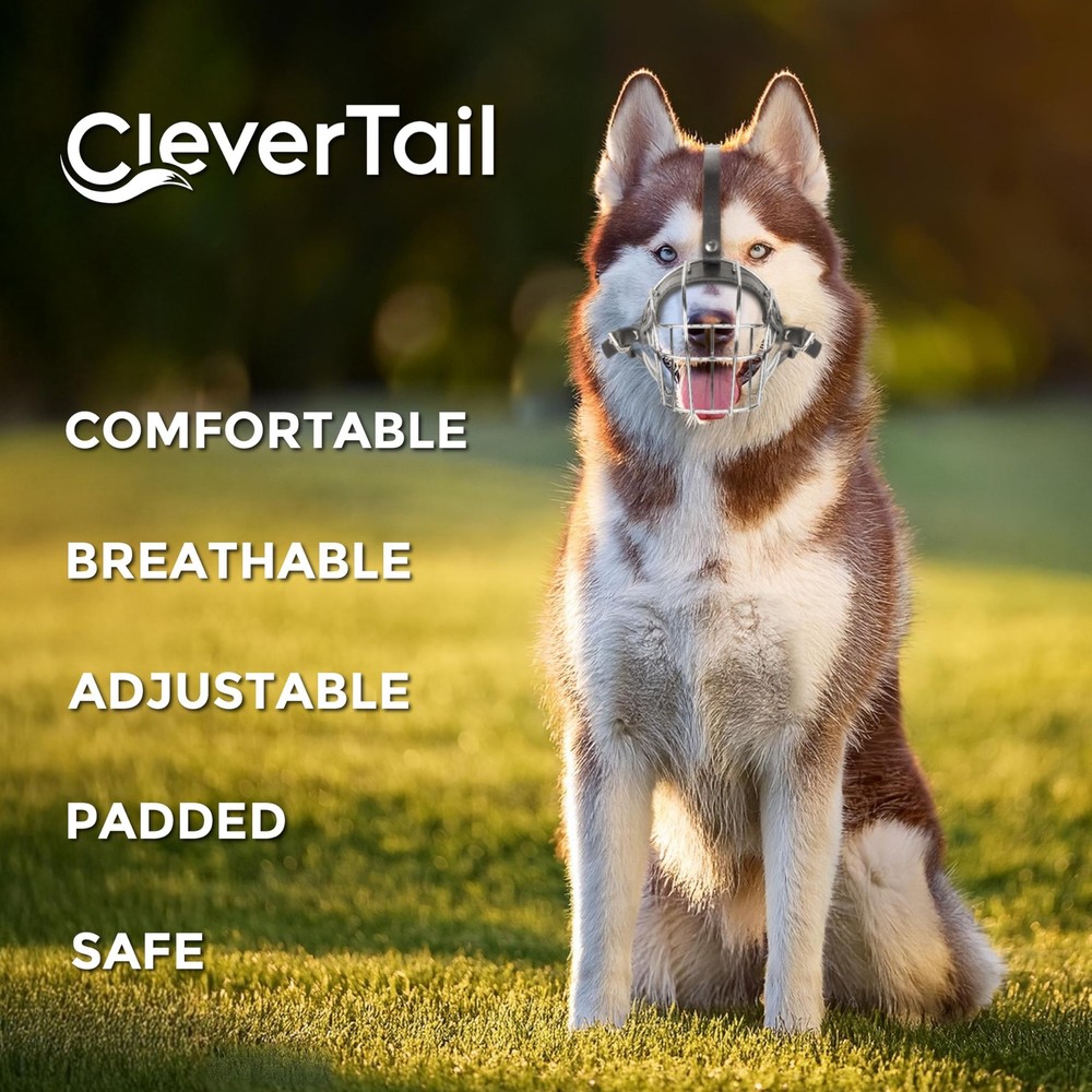 CleverTail Metal Husky Muzzle for Large Large, Silver Wire & Black Straps