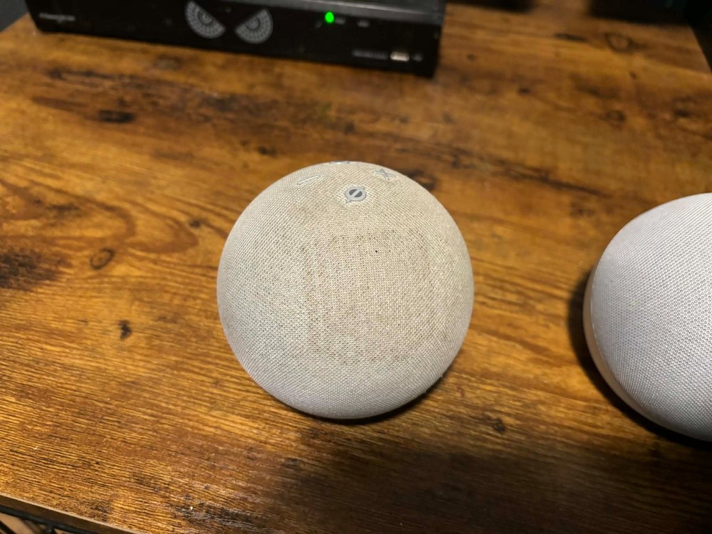 3 white, 1 black Echo Dot . 1 Echo show 8 Read Disc Amazon Alexa Separation Poss