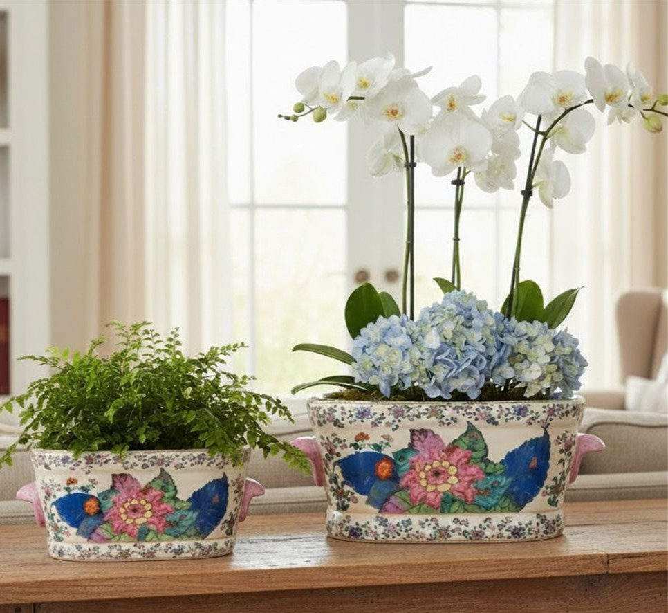 Vintage Style Small Chinese Tobacco Leaf Cachepot Planter-9.5'' x 4''H