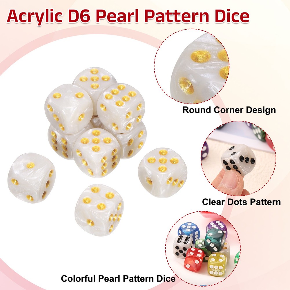 10 Dice D6 Acrylic Colored with Gold Dots, 6 Sides, 10pcs