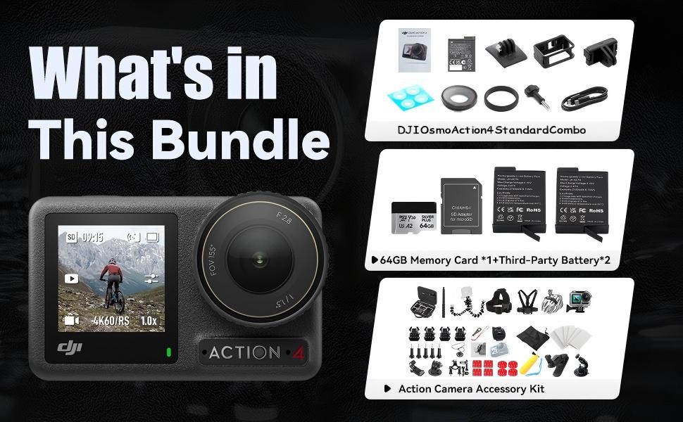 DJI Osmo Action 4 4K Action Camera Standard Bundle with 64G Card 2 Extra Batter