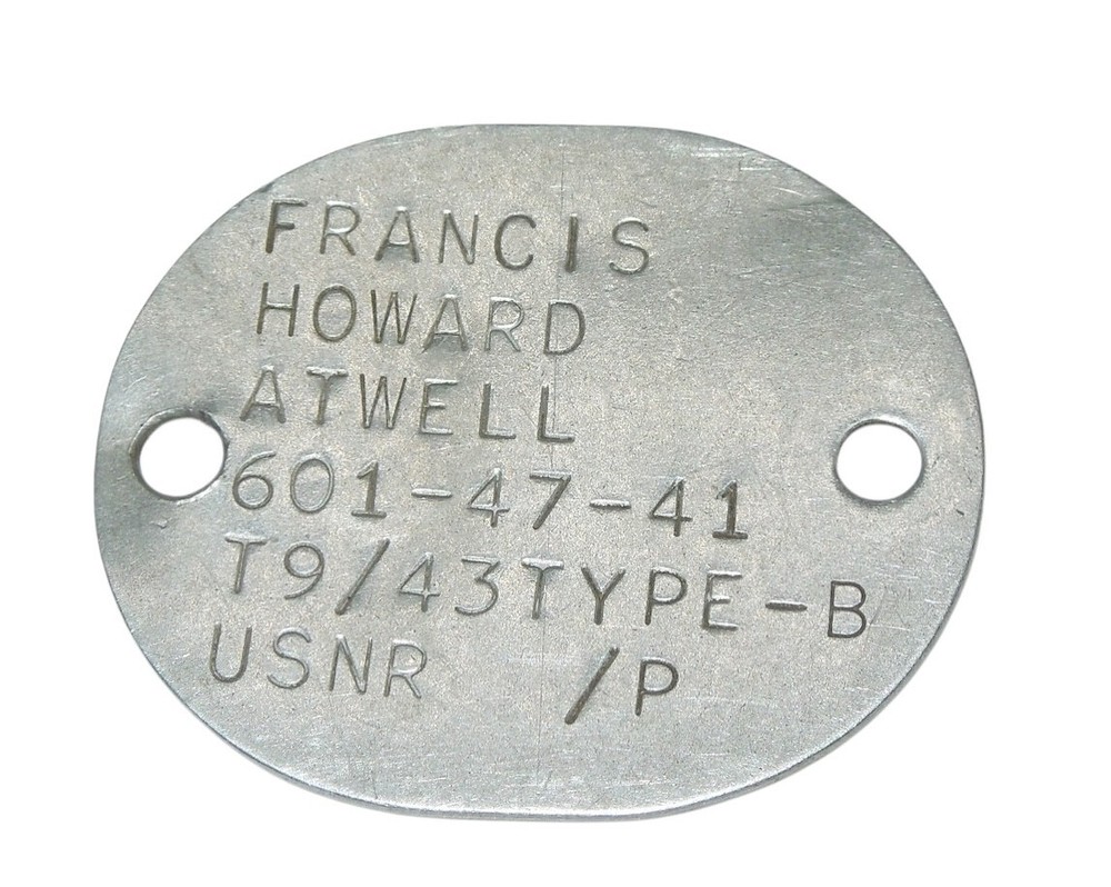 Original WWII US Navy 1943 Dog Tag Served in Pacific & China Atwell CA12
