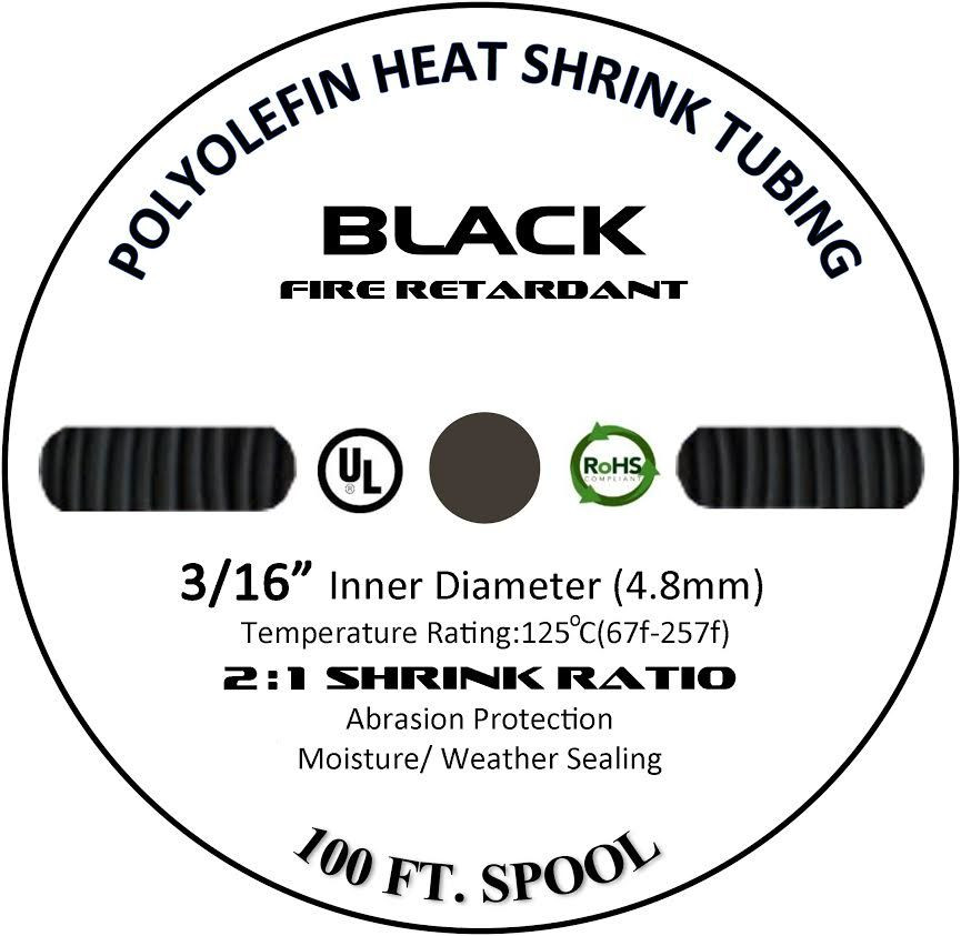 100 FT. 100 Feet BLACK 3/16" 5mm Polyolefin 2:1 Heat Shrink Tubing Tube Cable UL