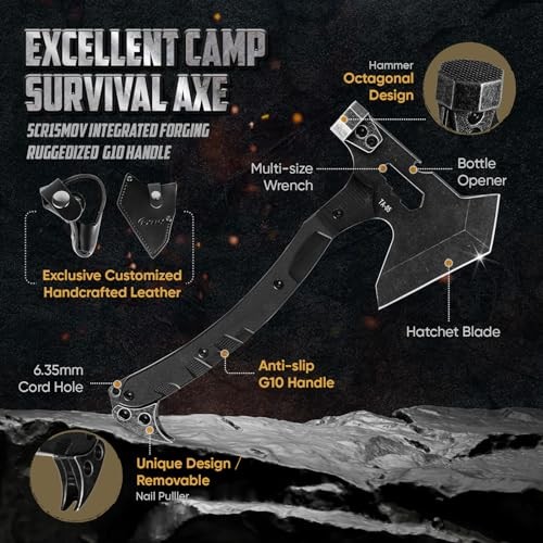 Tactical Axe with G10 Handle Camping Survival Hatchet, Multifunctional Black