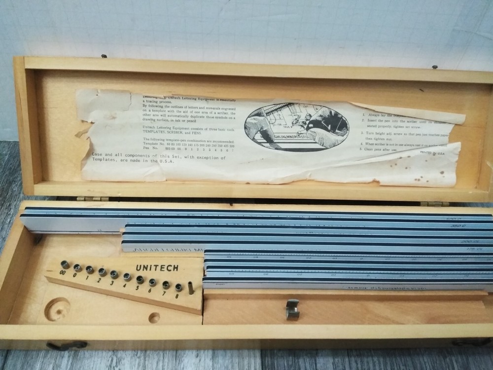 VTG. Lettering Set Drafting Kit Wood Case Templates Unitech Engineering (READ)