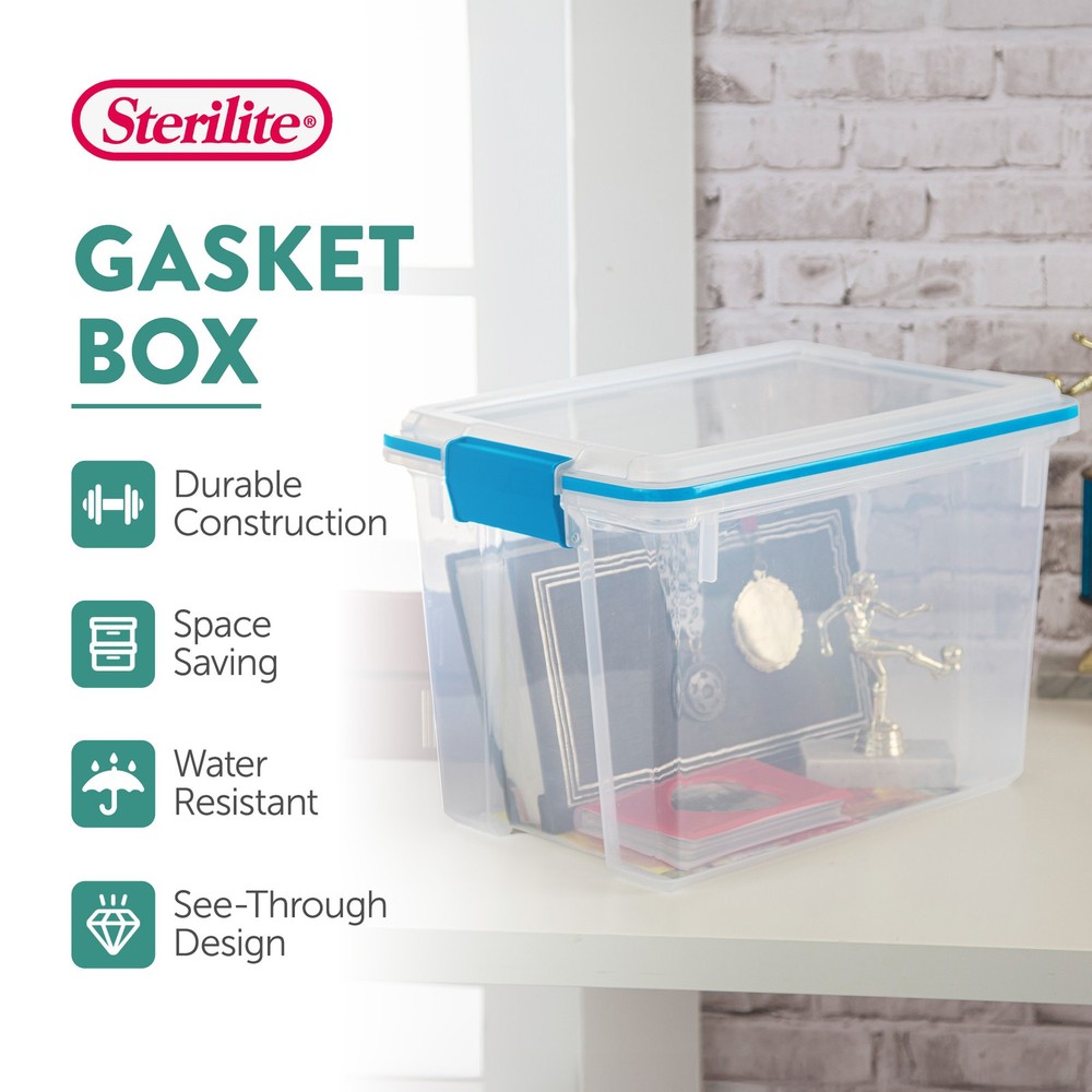 Sterilite 20 Quart Gasket Box, Stackable Storage Bin with Latching Lid, 6 Pack