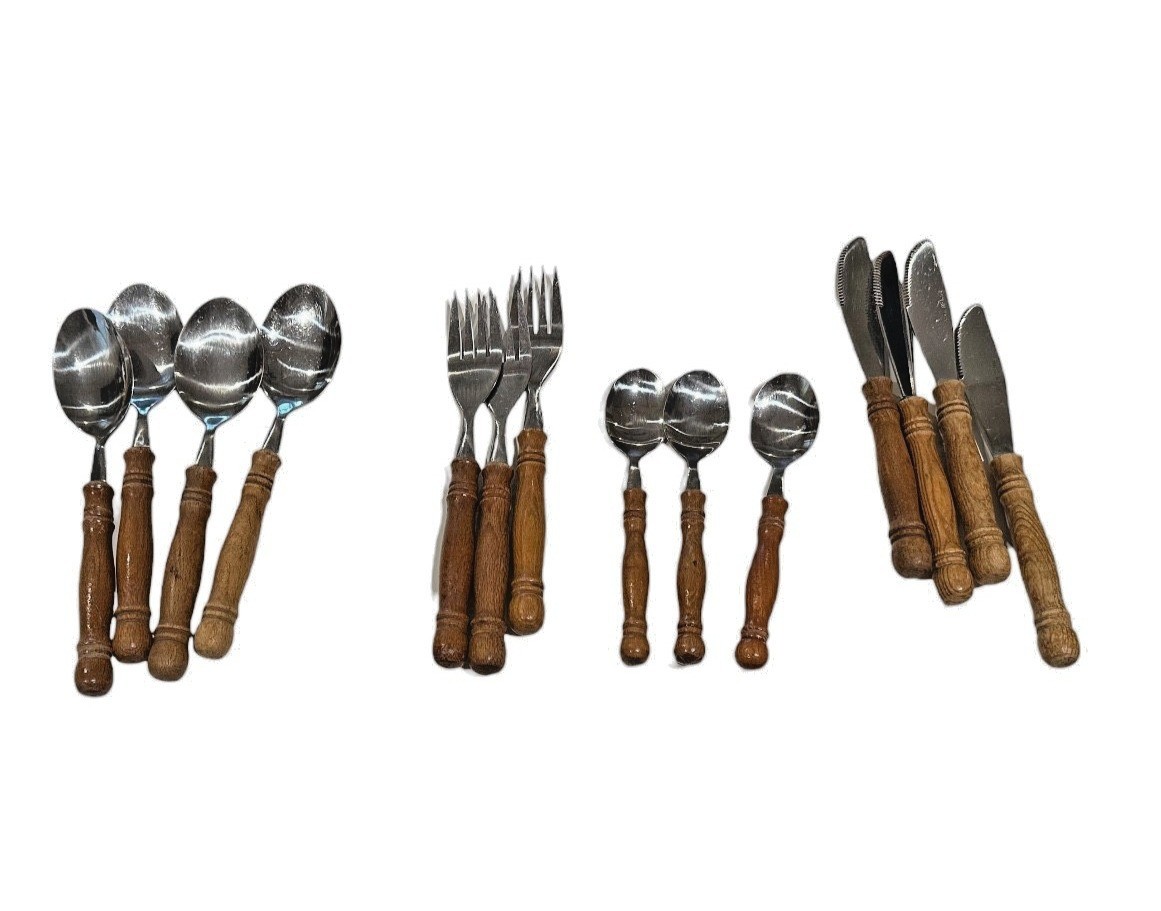 Vintage Mid Century Modern Turned Wood Handle Flatware Taiwan Set 14 pieces