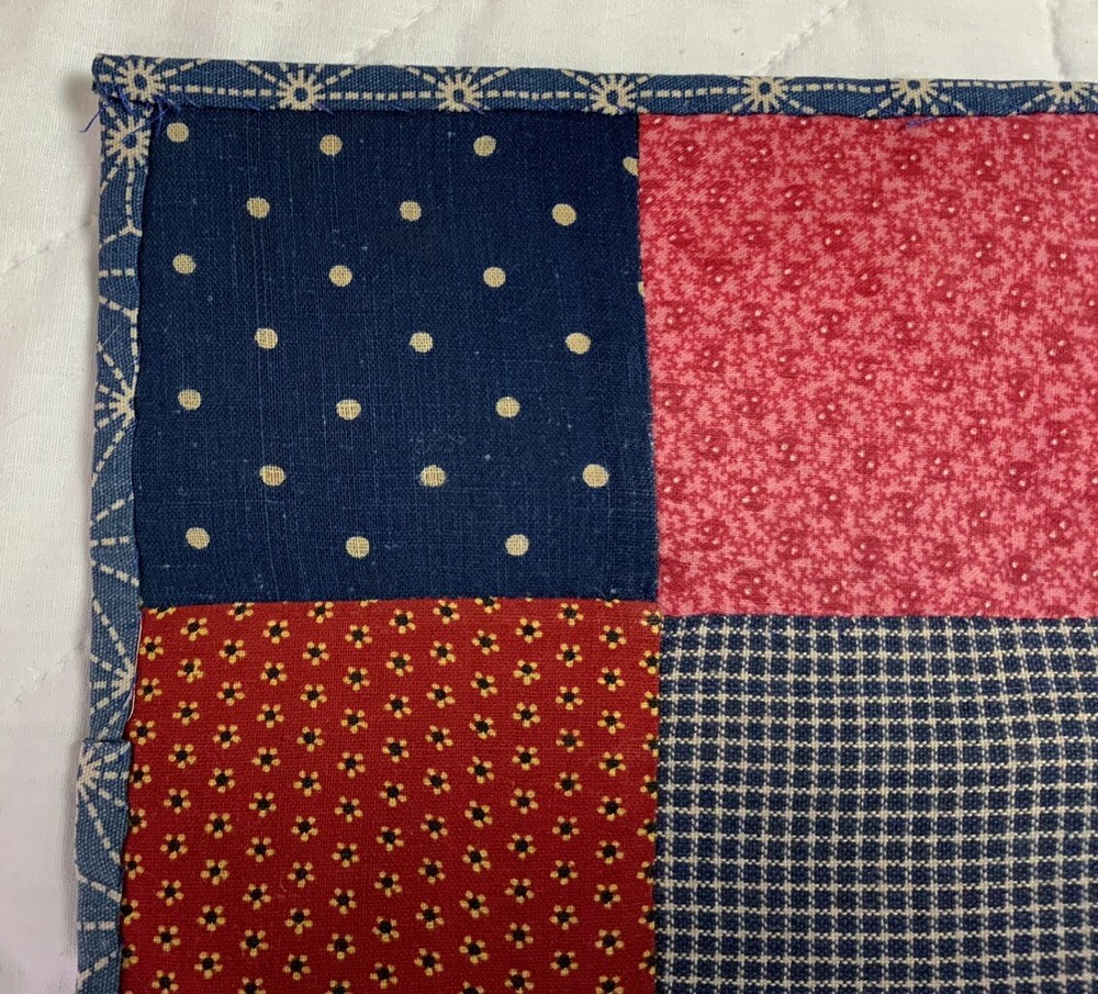 Antique Vintage Patchwork Small Quilt Table Topper, Four Patch, Early Calicos