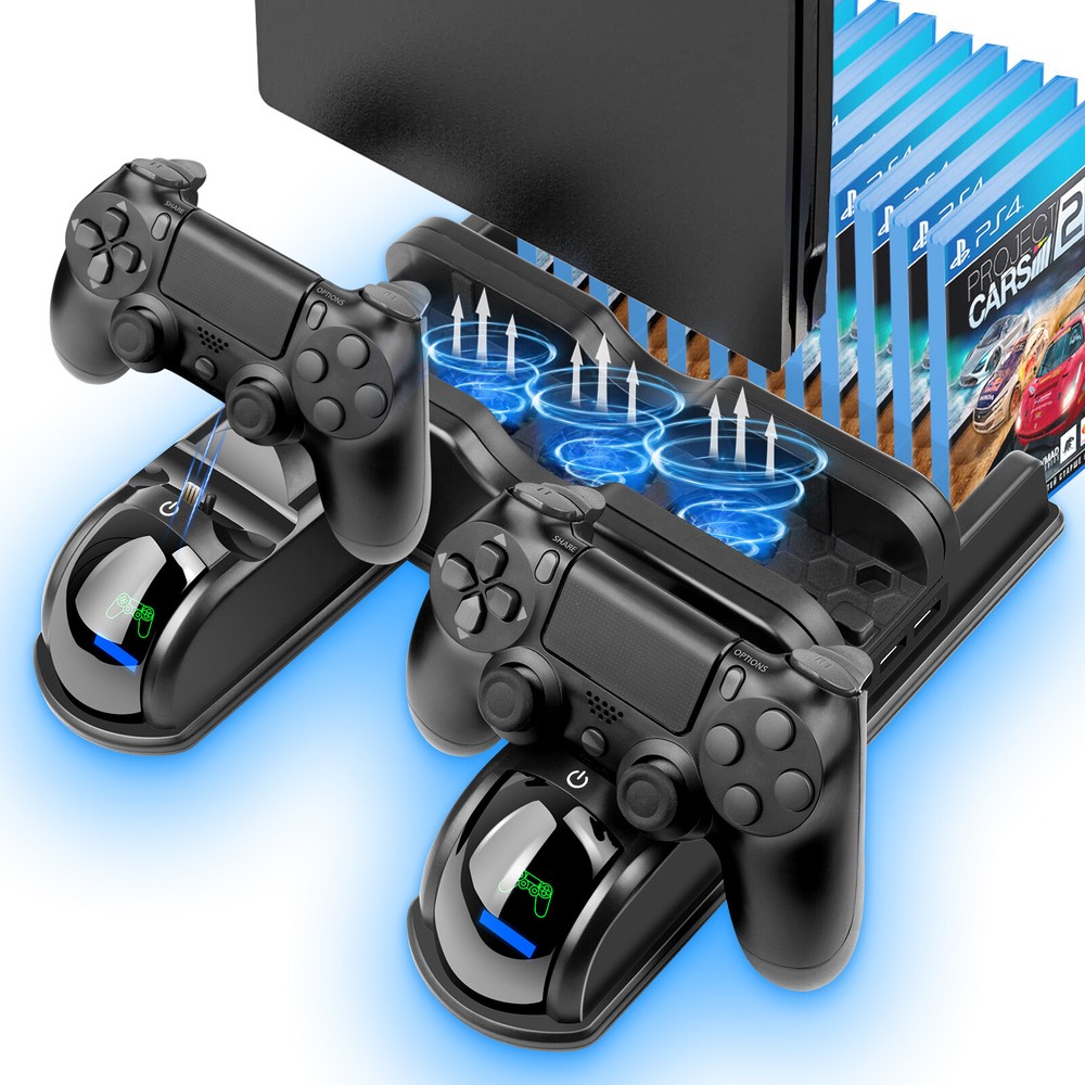 For PS4 Pro / Slim Vertical Stand + Cooling Fan Controller Charging Dock Station