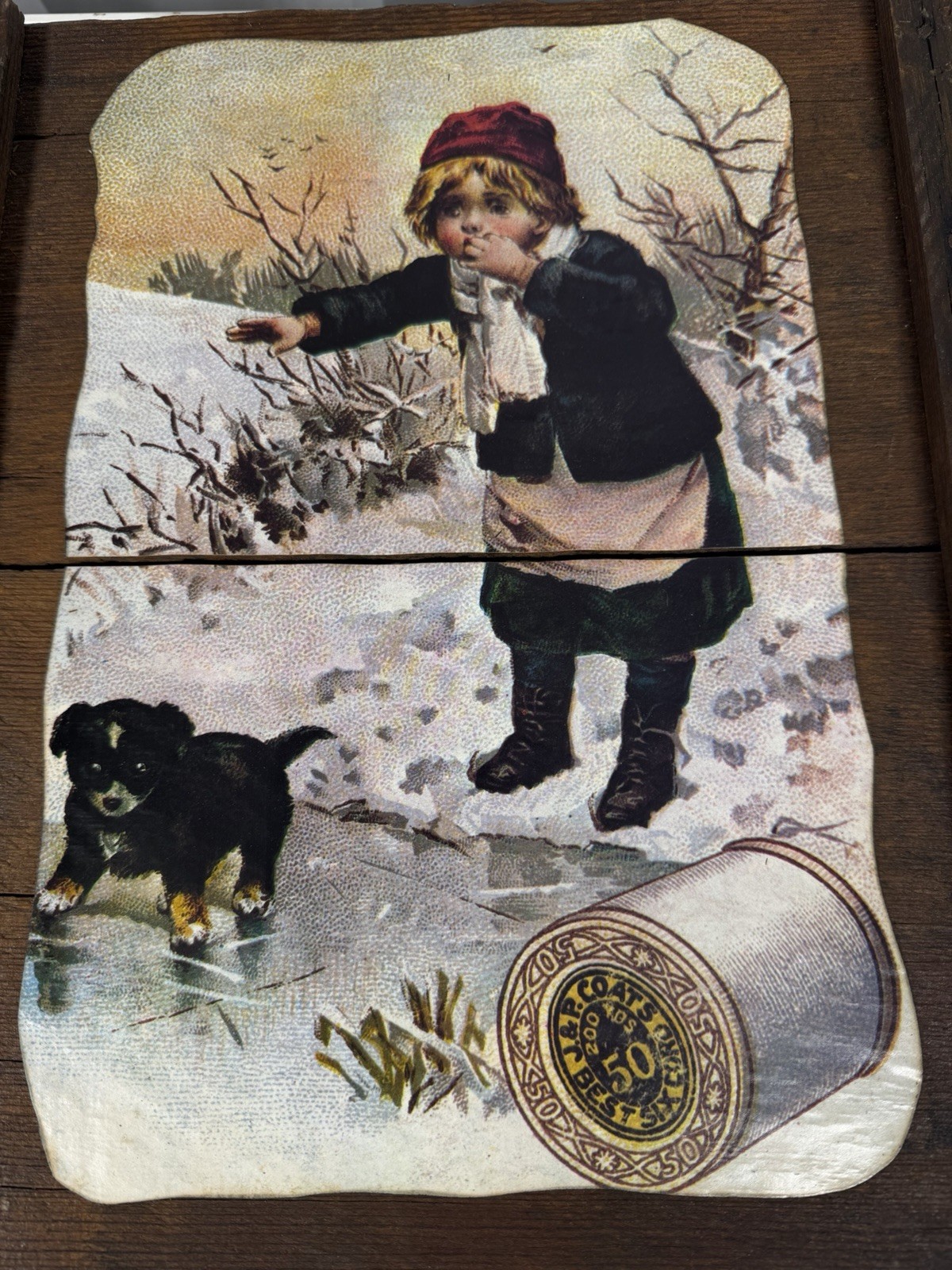 J&P Coats Vintage Print Ad Wood Slat Sign 13.5" x 12"