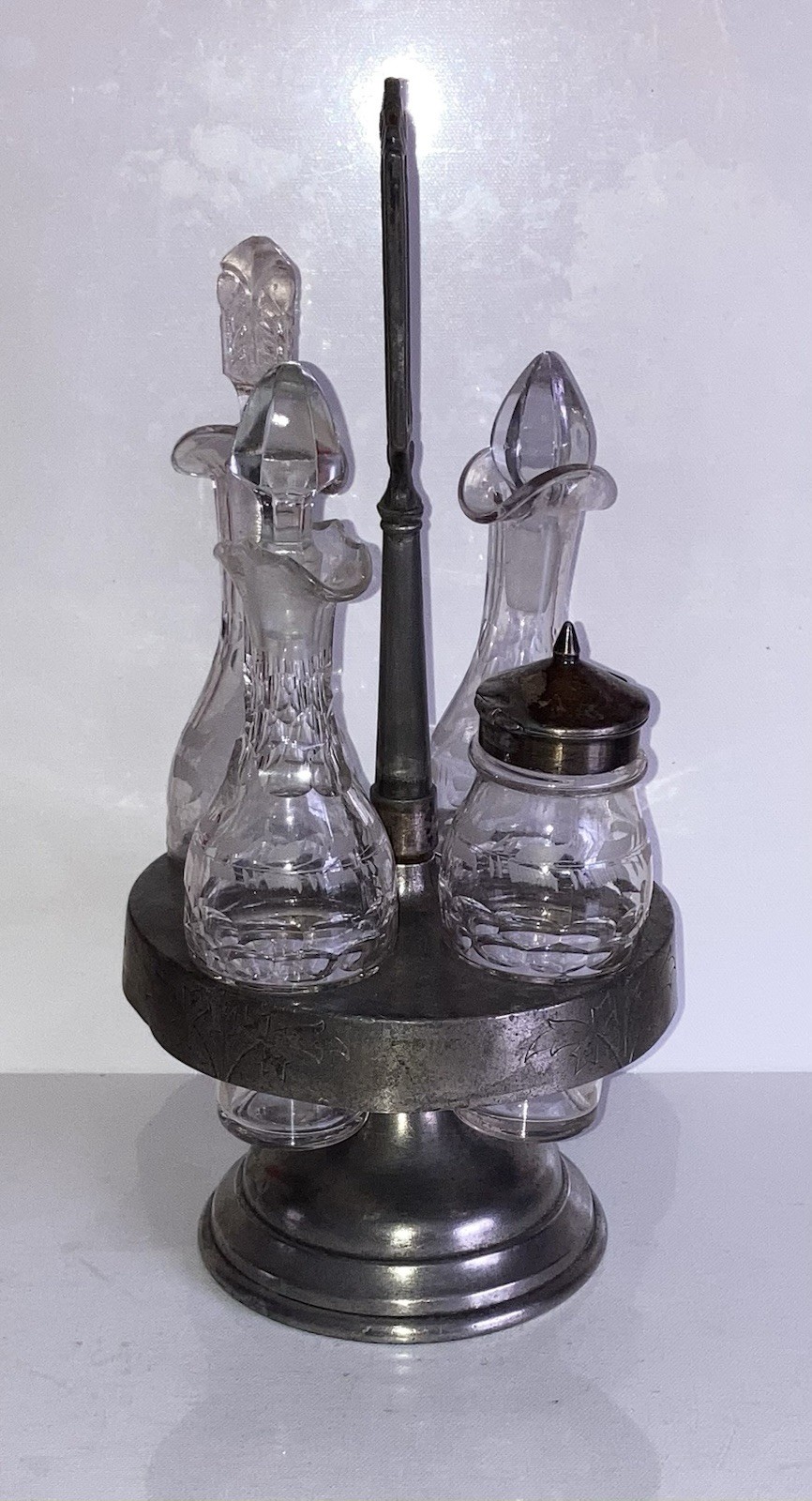 Vintage Etched Glass Cruet Silver-plate Castor Set Condiment Caddy Shaker Stand