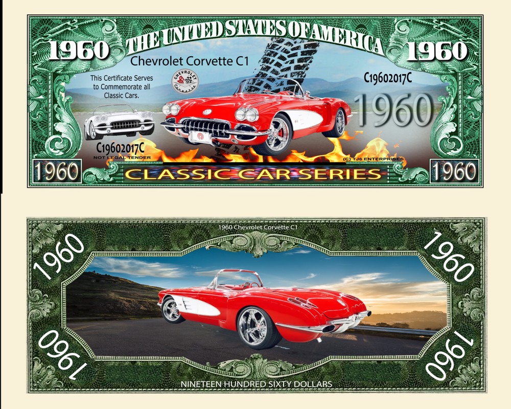 1960 Red Corvette car Dollar Bill Play Funny Money Novelty Note + FREE SLEEVE