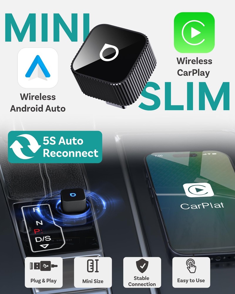 Ottocast Mini Cube 3.0 USB C Wireless CarPlay Adapter, Android Auto Black