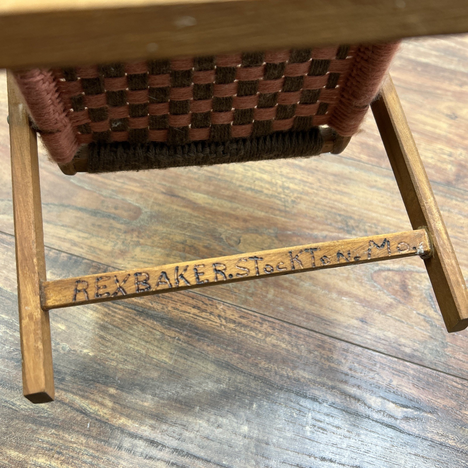 Macrame Wooden Folding Baby Doll Chair Vintage Handwoven Brown Pink ** DOLL SIZE