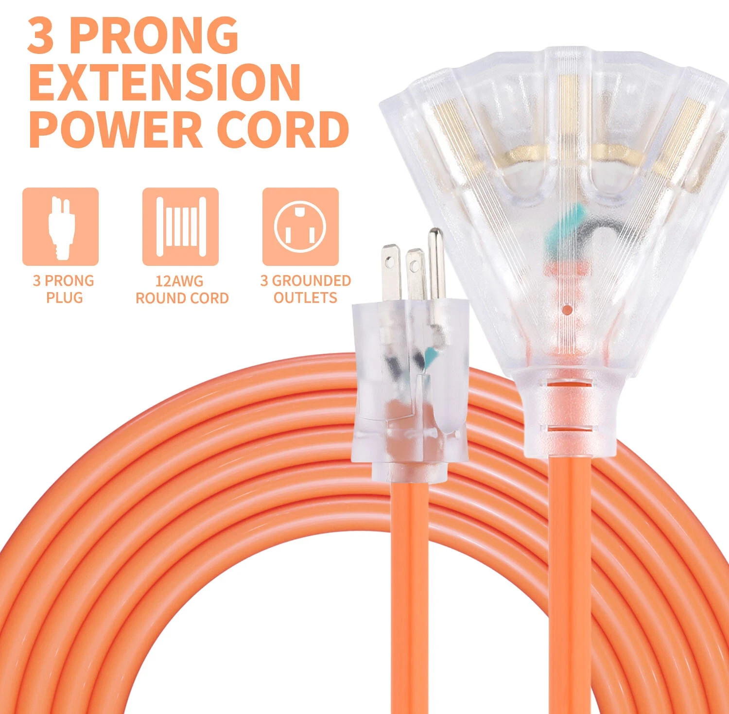 12/3 SJTW Orange Extension Cord with 3 Electrical Power Outlet 6/10/15/25/50FT