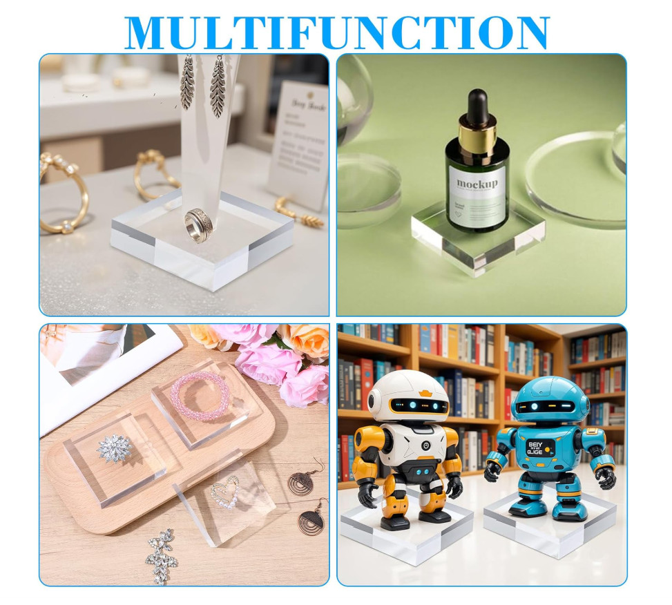 8pcs Acrylic Square Display Block, 3 x 3 x 1 Inches Clear Polished Cube Stand