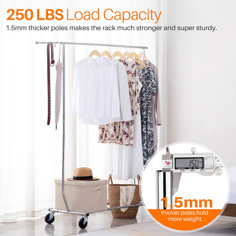 HOKEEPER 250lbs Sing Rail Adjustable Collapsible Rolling Clothes Garment Racks