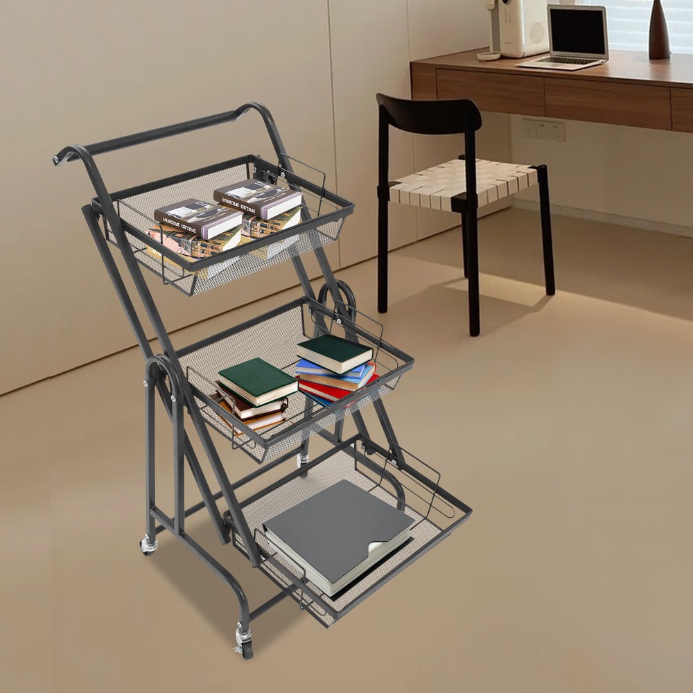 3-Tier Adjustable Metal Rolling Utility Cart, Multi-Functional Storage Cart
