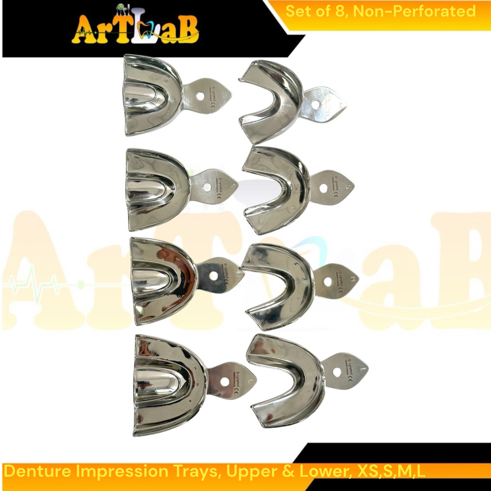 8 Pack Metal Denture Impression Tray Solid, Upper & Lower, XS+S+M+L | Stainless