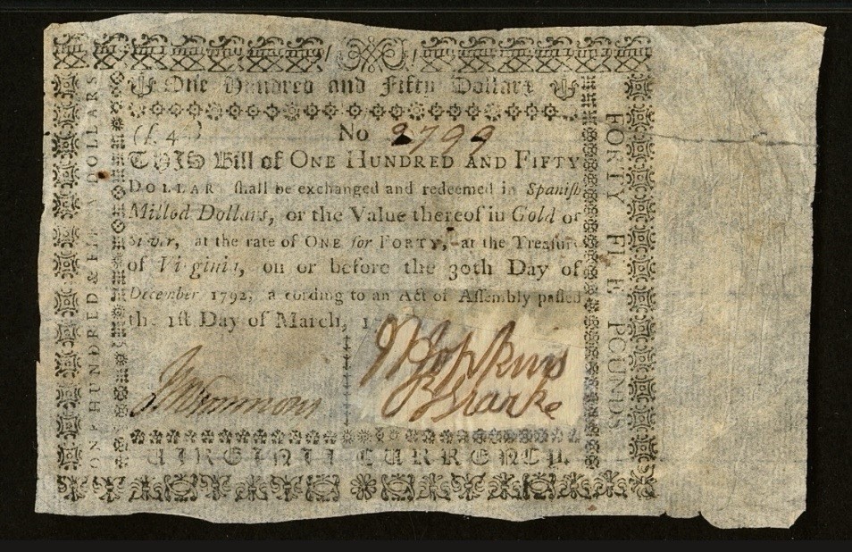 1781 VIRGINIA $150 Colonial Currency American Revolution Bank Note VA-206a, PMG