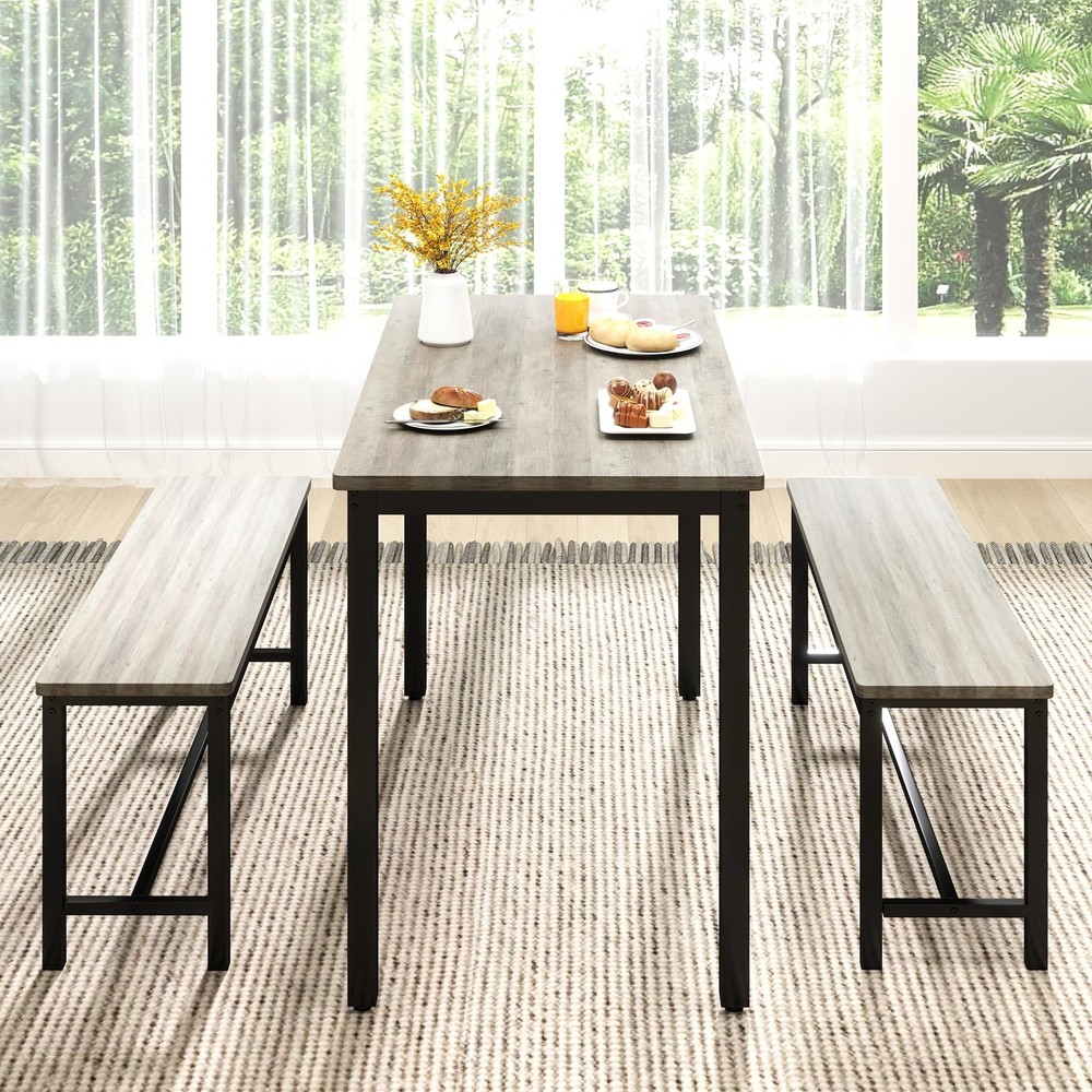 Dining Table Set for 4 with 2 Benches – Space-Saving Kitchen Table Set for Ki...