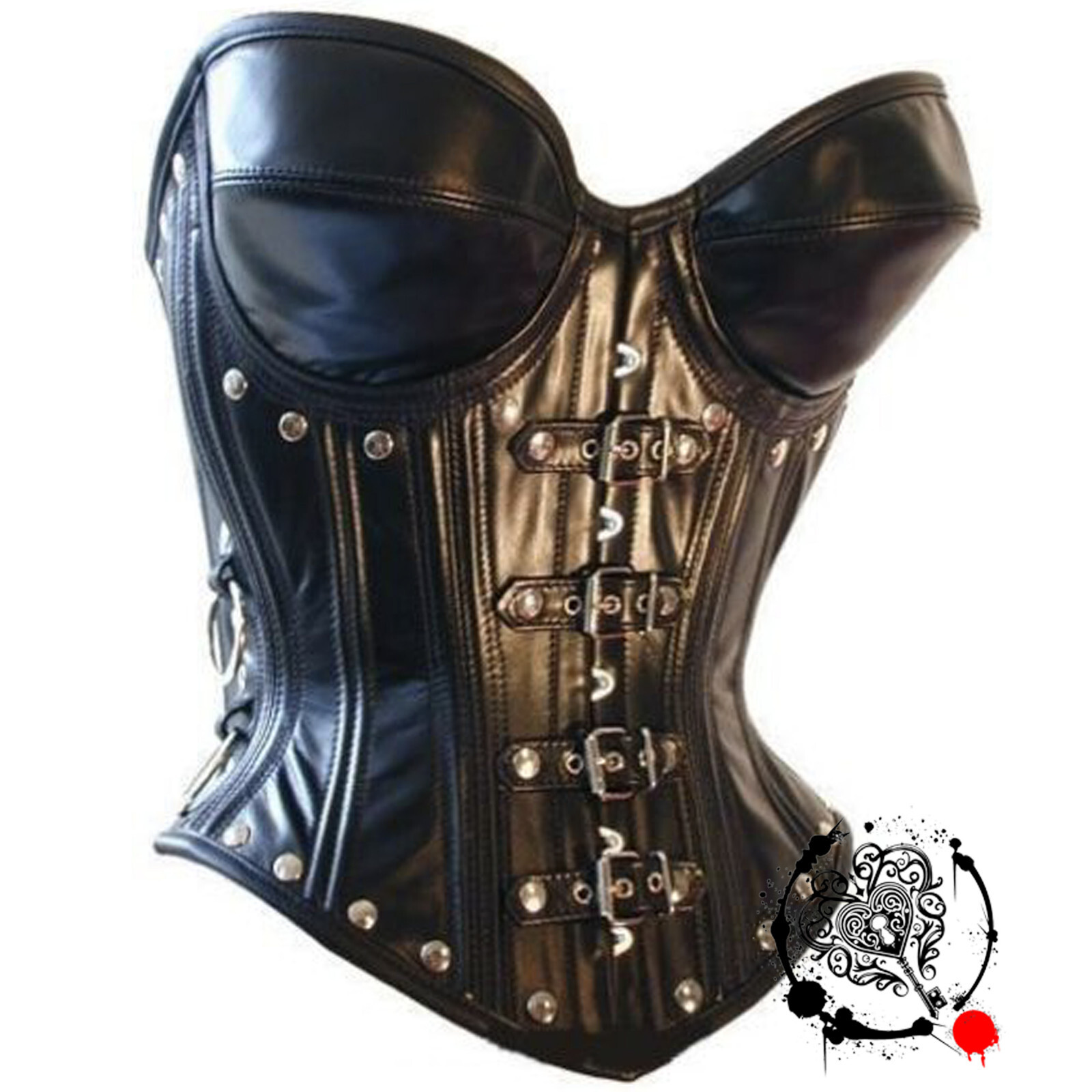 Gothic Black Overbust Leather Corset Women - Buckle Straps, Rivets Bondage Style