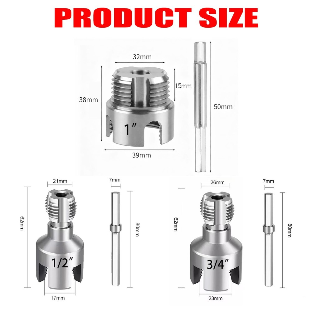 PVC Pipe Threader Kit, 3 Piece Set, 1/2" 3/4" 1" NPT Sizes, Dual-Function Int...