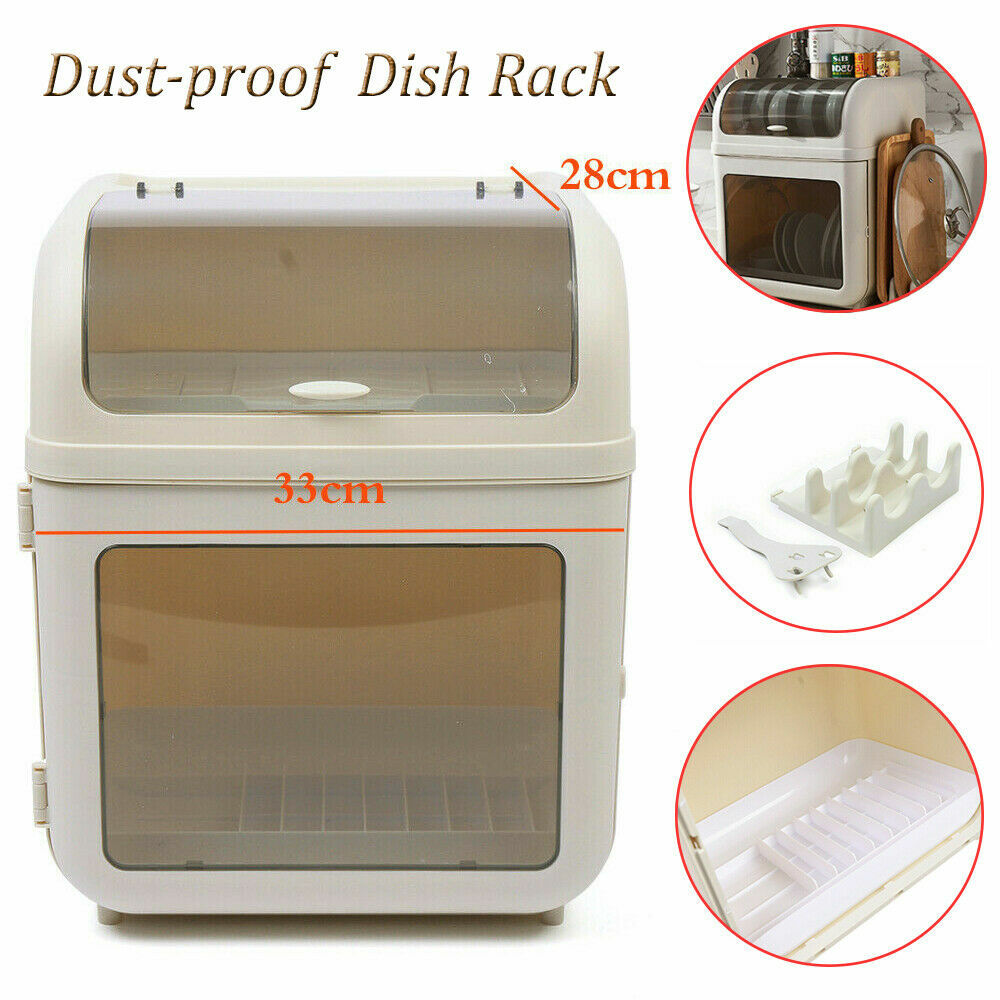 Covered Kitchen Dish Drying Rack Plastic Dustproof Drain Storage Box Utensil PP
