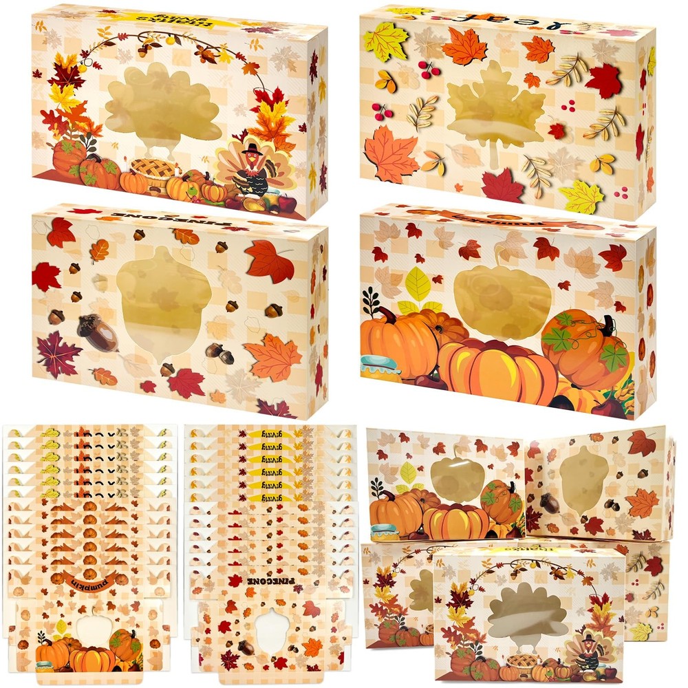 24 PCS Fall Cookie Boxes with Window Autumn Maple Leaf Paper Treat Boxes