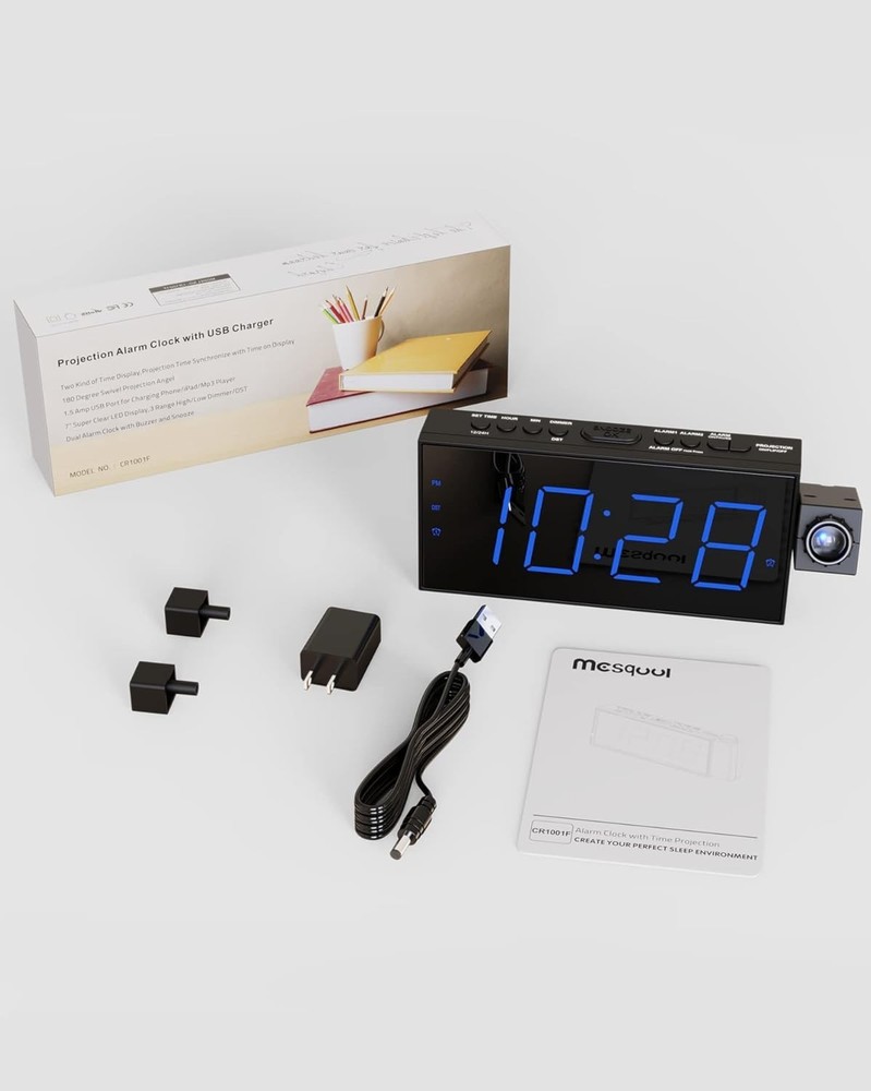 Adjustable Brightness Projection Clock with Snooze and Daylight Saving Functions