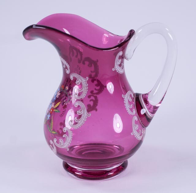 Cranberry Clear Decorated Jug or Pitcher 5"